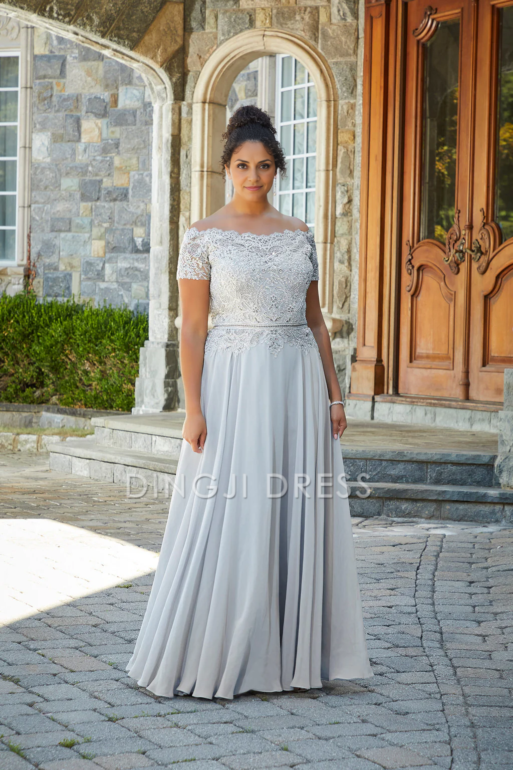 DingJiDress Evening Dress Fashion A Line Off-Shoulder Lace Chiffon Plus Size Long Mother Of The Bride Dress