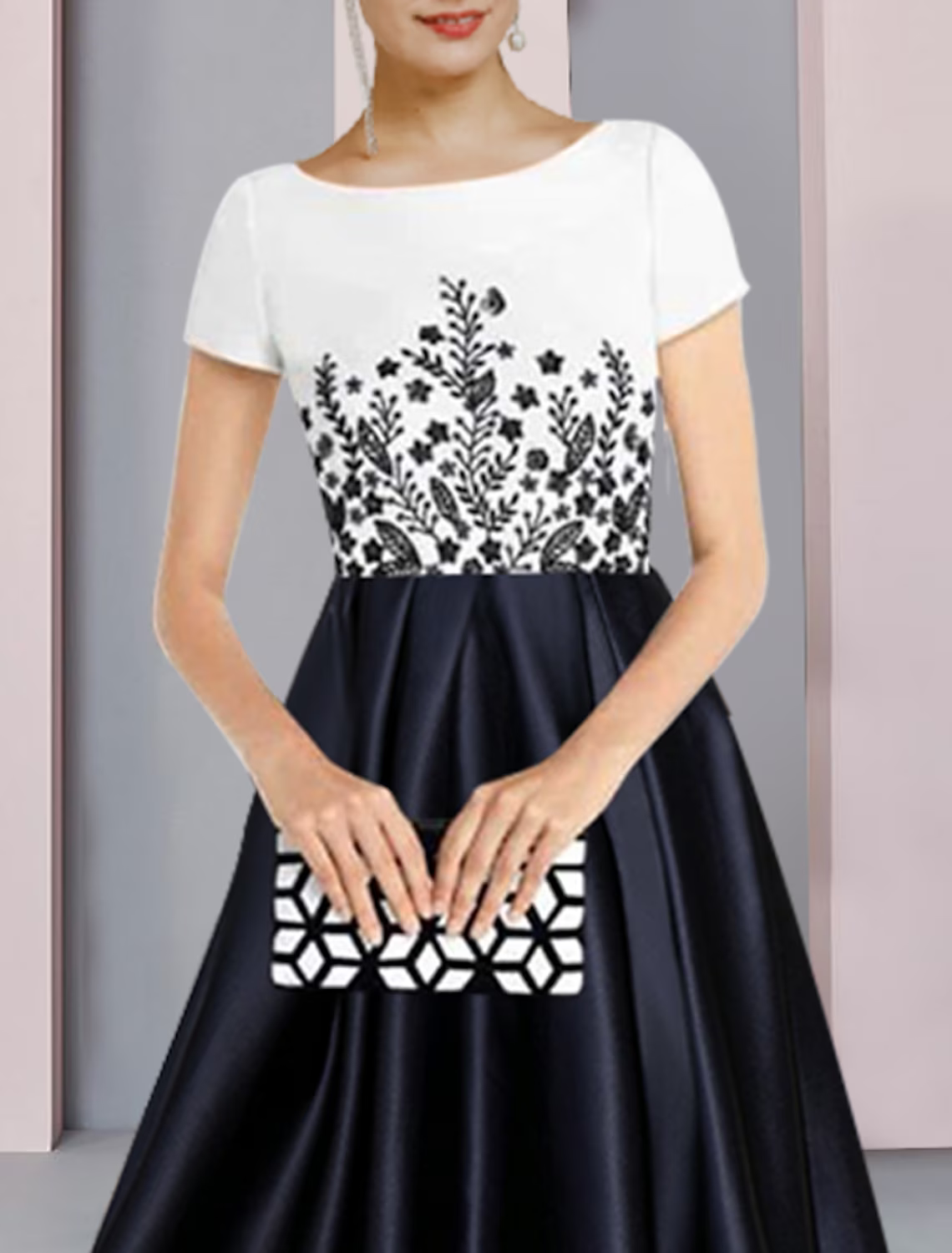 Mother of the Bride Dress Formal Party Elegant Scoop Neck Asymmetrical Satin Short Sleeve with Pleats Appliques