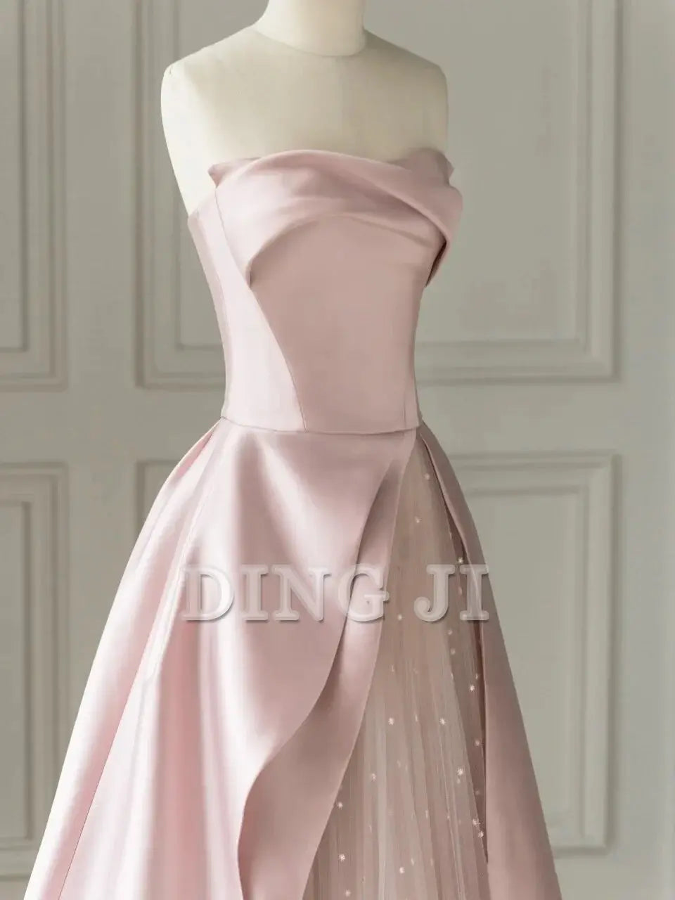 DingJiDress Evening Dress Sleeveless A-Line Floor-Length Satin Tulle Splicing together Strapless Backless Formal Women's Dresses Wedding Guest Dresses