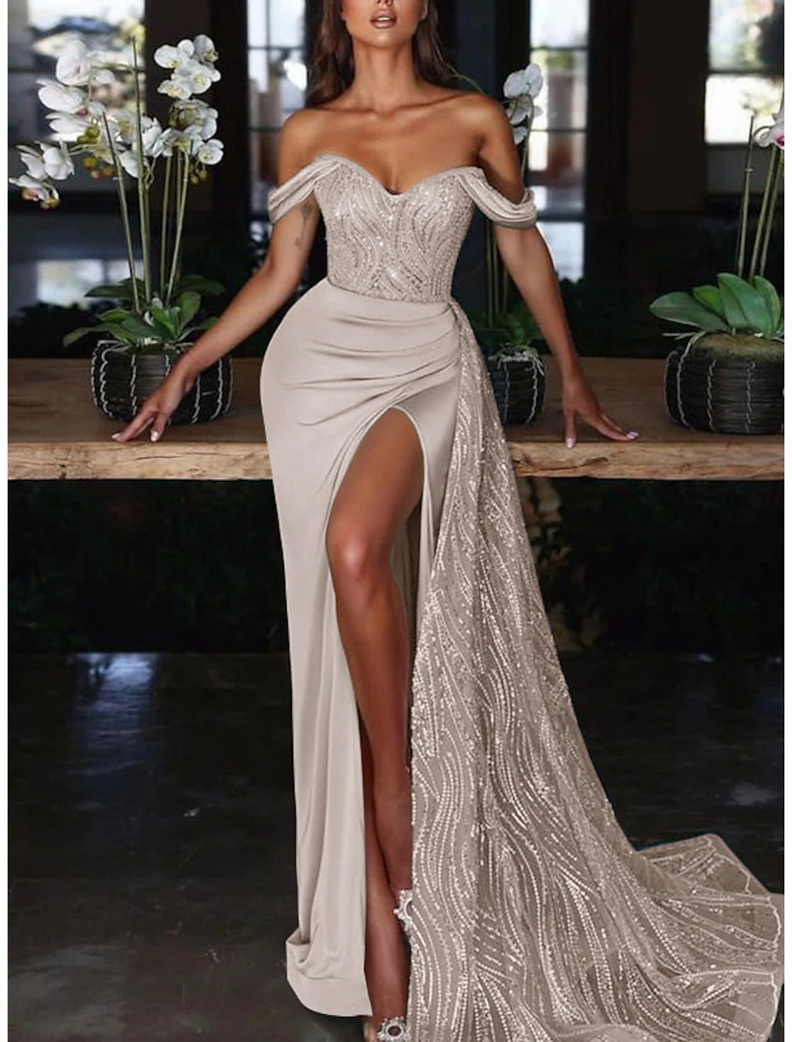 Mermaid / Trumpet Evening Gown Sexy Dress Formal Wedding Guest Court Train Sleeveless Off Shoulder Charmeuse with Ruched Sequin