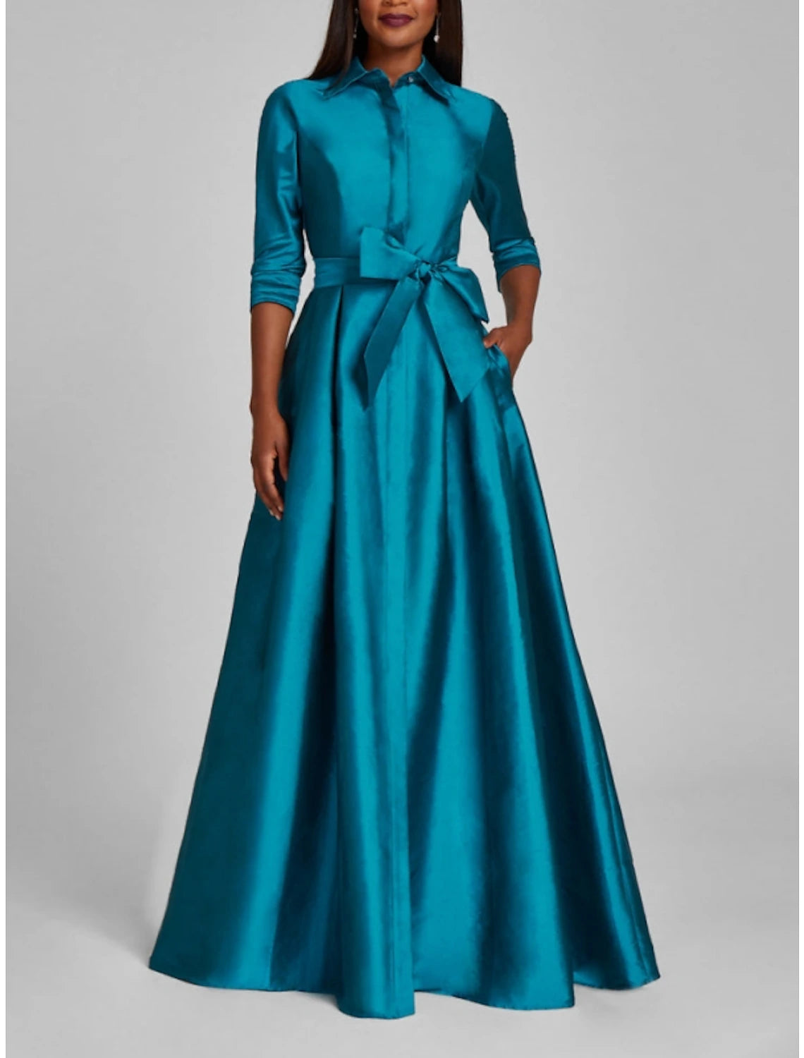 Satin A-Line Evening Gown Minimalist Black Christmas Dress Formal Fall Floor Length Half Sleeve Shirt Collar with Bow(s) Pleats