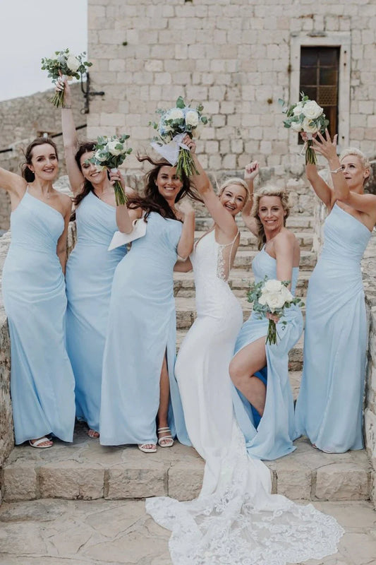 Elegant Light Blue Chiffon Sheath One Shoulder Sleeveless Pleated Slit Low Cost Floor Length Bridesmaid Dresses