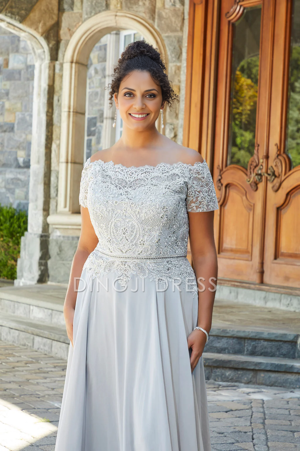 DingJiDress Evening Dress Fashion A Line Off-Shoulder Lace Chiffon Plus Size Long Mother Of The Bride Dress