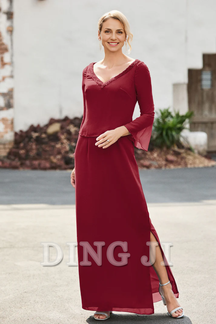 DingJiDress Mother of the Bride Dresses V-neck Long Sleeves Sheath Dress Side Fork High Quality Elegant Dresses Wedding Guests Dresses