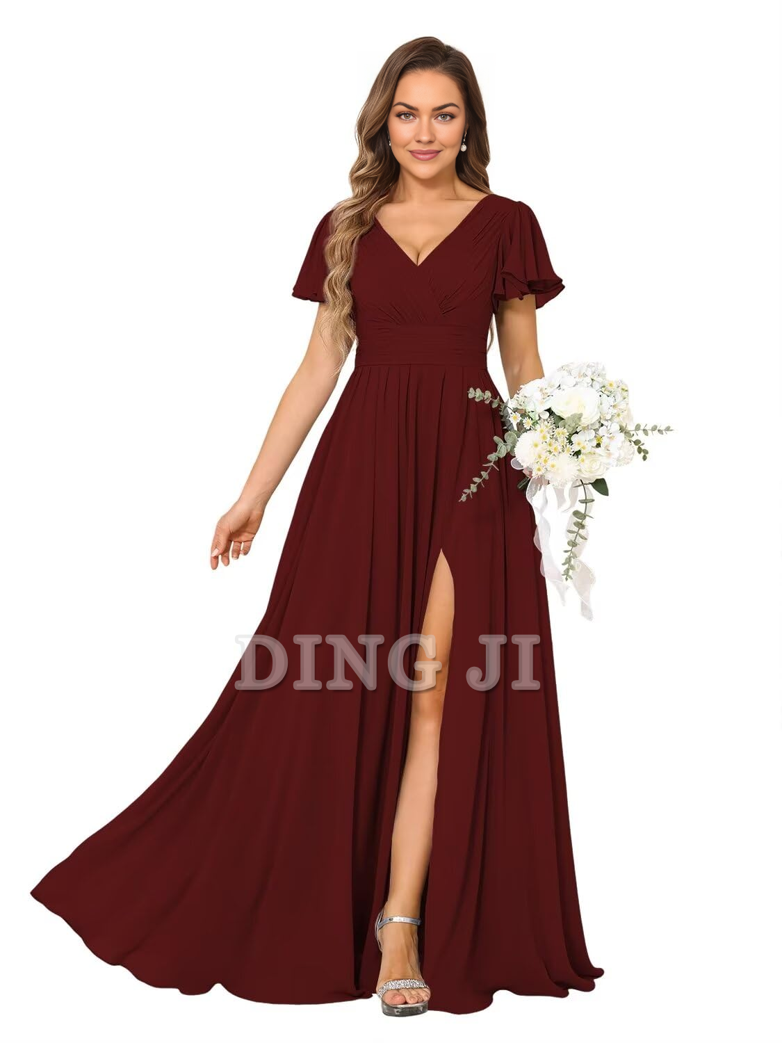 DingJiDress Bridesmaid Dresses A Line V Neck Flutter Sleeve Side Fork Youthful Elegant Chiffon Formal Wear Dresses