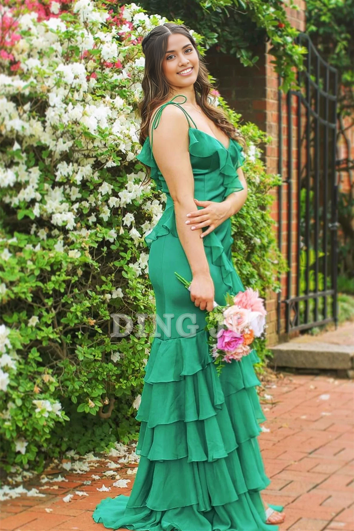 DingJiDress Evening Dress Sweetheart Tie Shoulder Mermaid Ruffle Tiered Long Prom Dress Side Fork Sweep Train Charming Formal Wear Dresses Wedding Guest Dresses