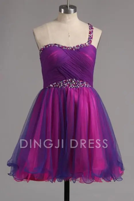 DingJiDress Short Prom Dress A-Line One Shoulder Tulle Ruffles With Beads Sparkle Best Selling Homecoming Dress