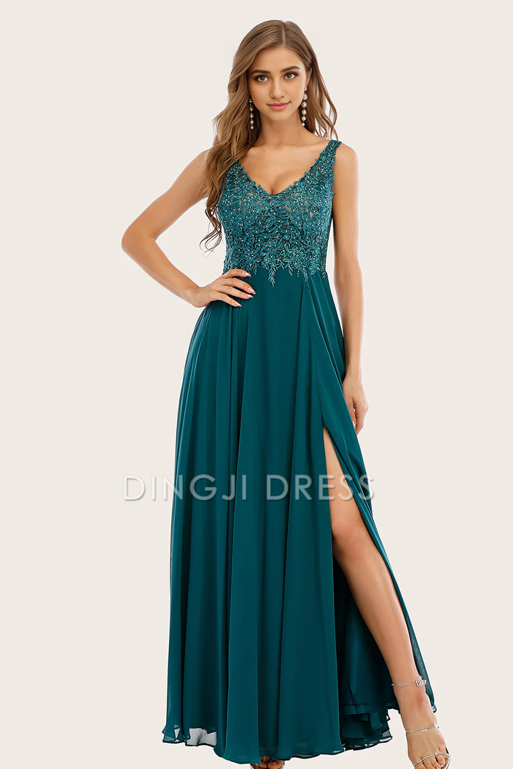 DingJiDress High Quality Dress Elegant Chiffon A Line V Neck Backless Side Fork Long Prom Dress