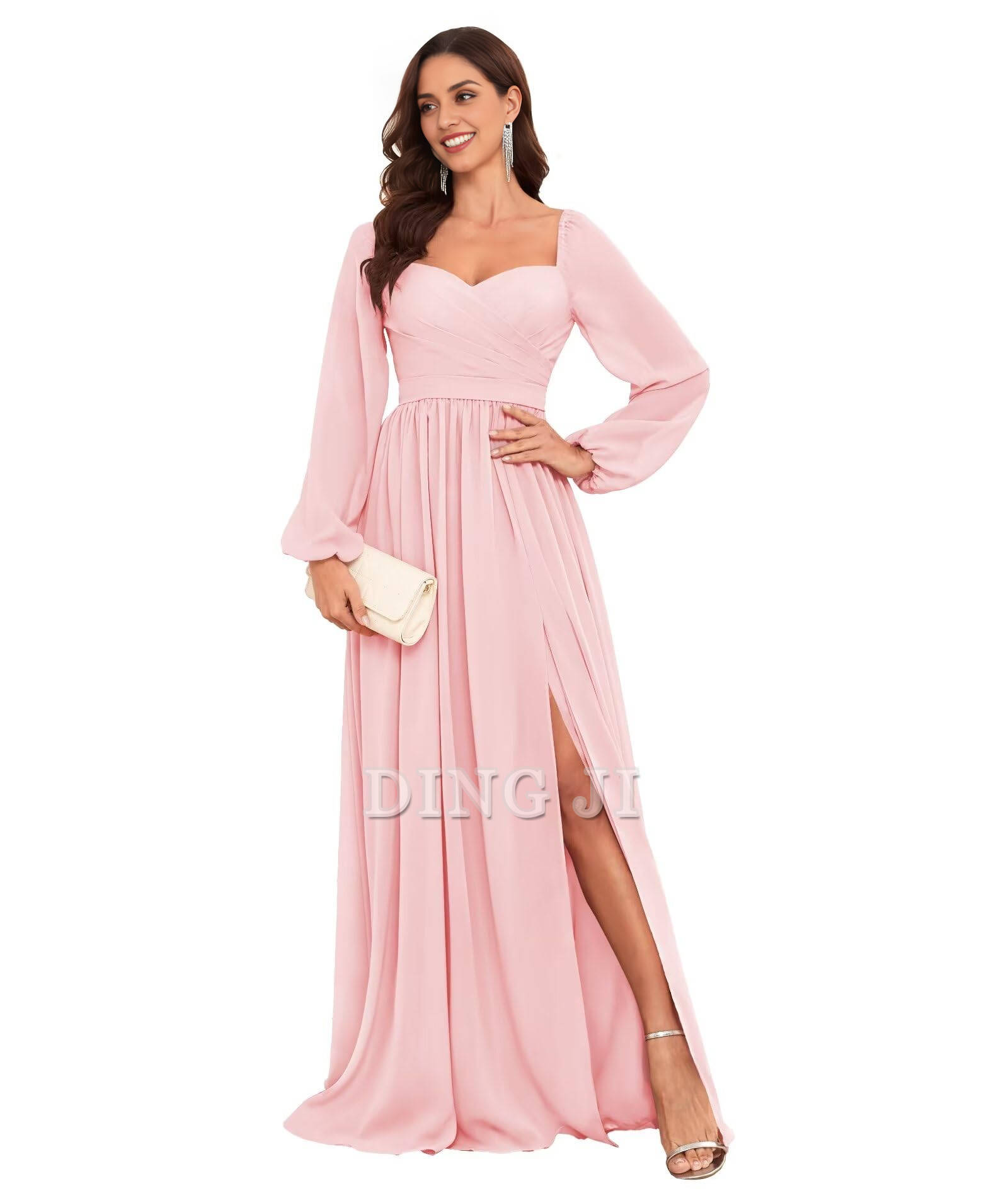DingJiDress Bridesmaid Dresses Sweetheart Long Sleeve Pleated Side Fork Chiffon Elegant Long Formal Wear Dresses
