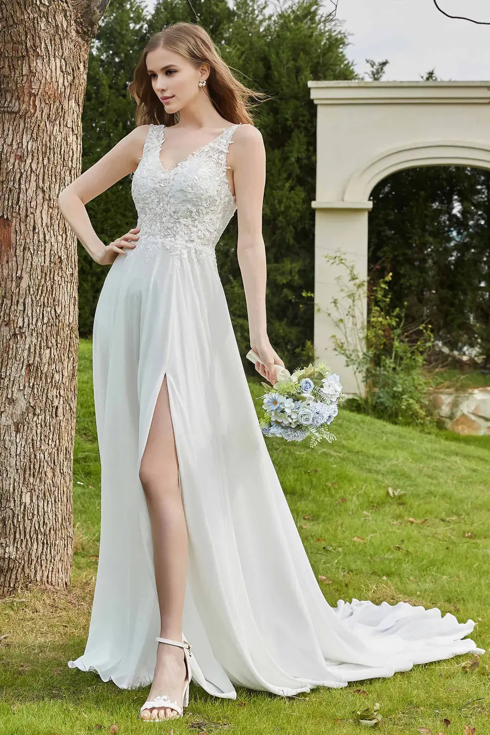 Chiffon Lace Elegant A-Line V-Neck Applique Sleeveless Backless With Slit Affordable Hot Sale Wedding Dress