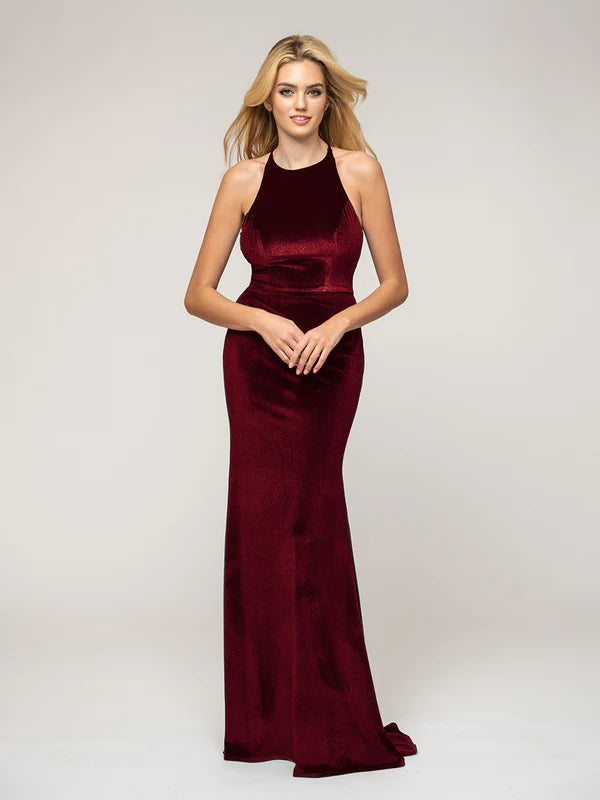 Halter Neckline Sheath Long Velvet Dresses