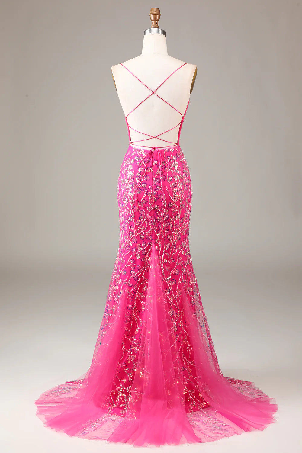 DingJiDress Hot Pink Sequins & Beaded Mermaid Prom Dress with Backless