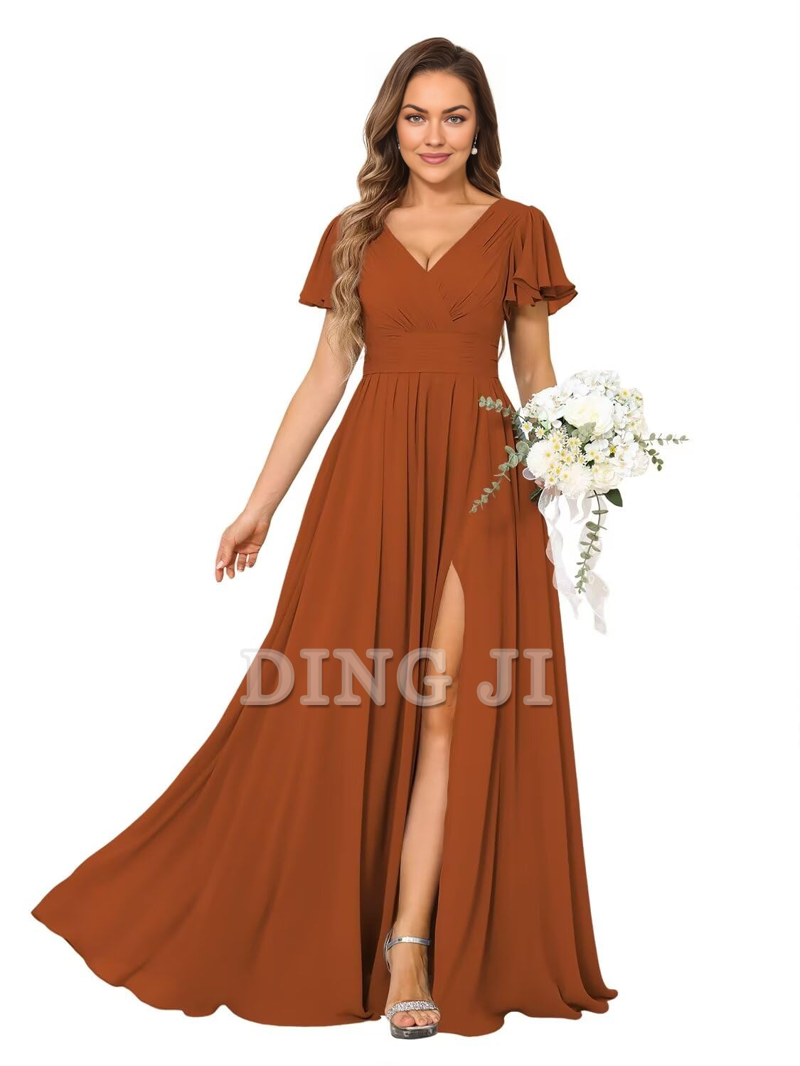 DingJiDress Bridesmaid Dresses A Line V Neck Flutter Sleeve Side Fork Youthful Elegant Chiffon Formal Wear Dresses