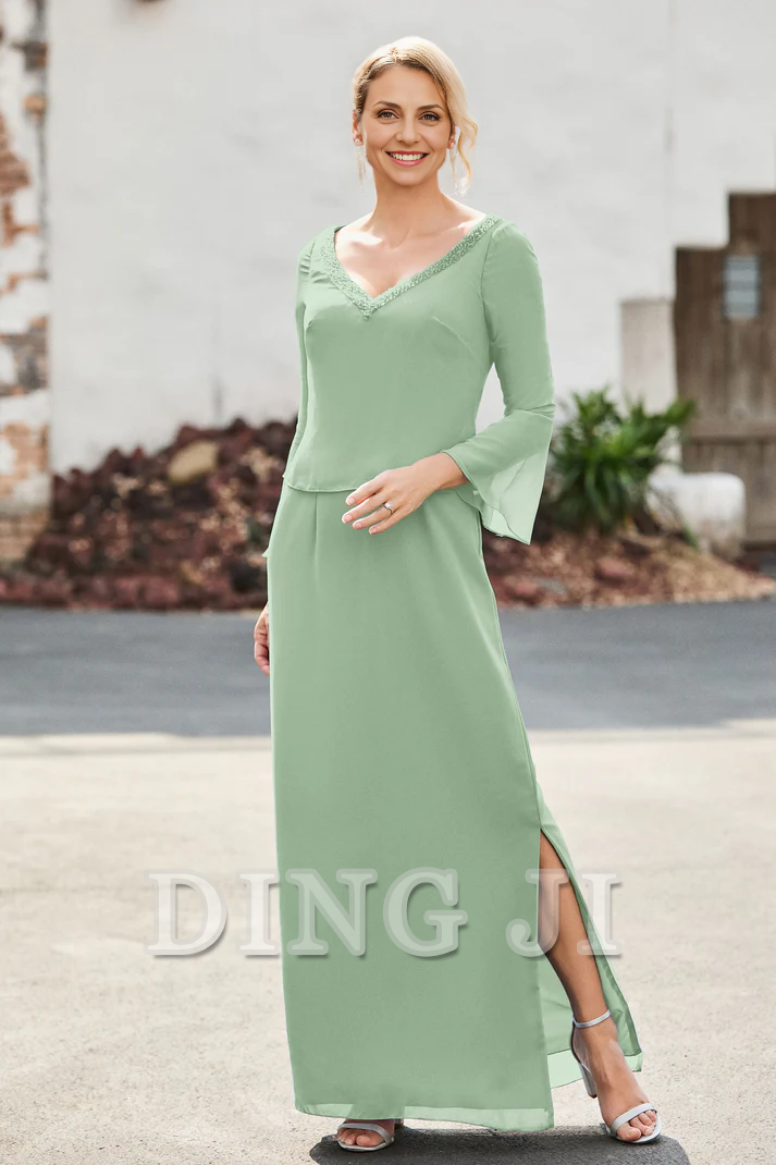 DingJiDress Mother of the Bride Dresses V-neck Long Sleeves Sheath Dress Side Fork High Quality Elegant Dresses Wedding Guests Dresses