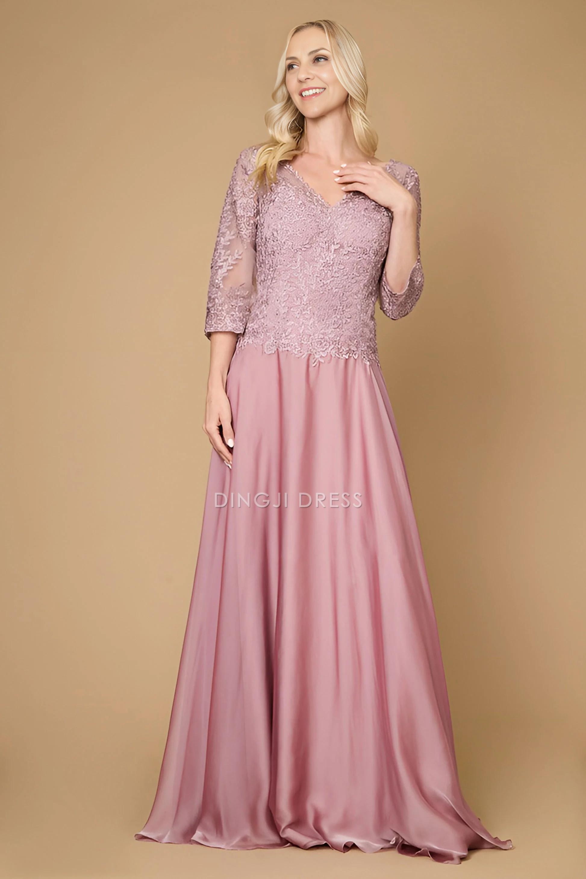 DingJiDress Evening Dress Fashion A Line Long Sleeve V Neck Lace Dress Exquisite Long Mother Of The Bride Dress