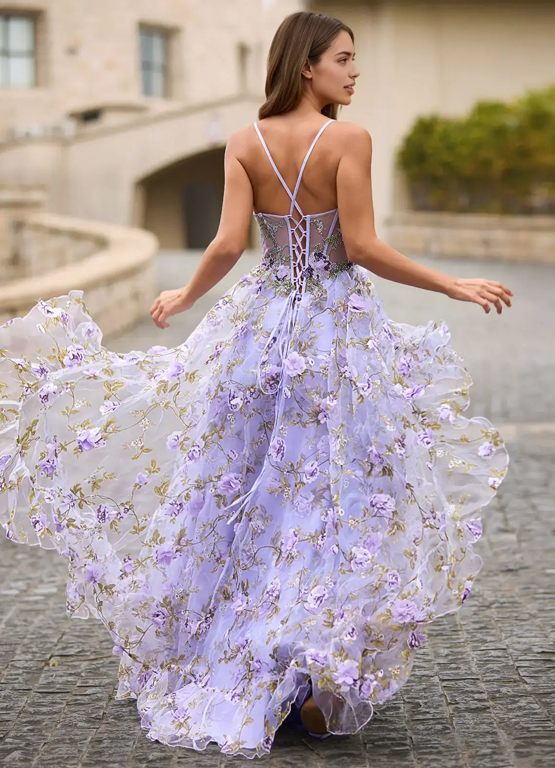 Fantastic Light Purple Printing A Line Spaghetti Strap Sweetheart Neckline Sleeveless 3D Floral Beadwork Side Fork Backless Romantic Formal Dresses Affordable Prom Dress