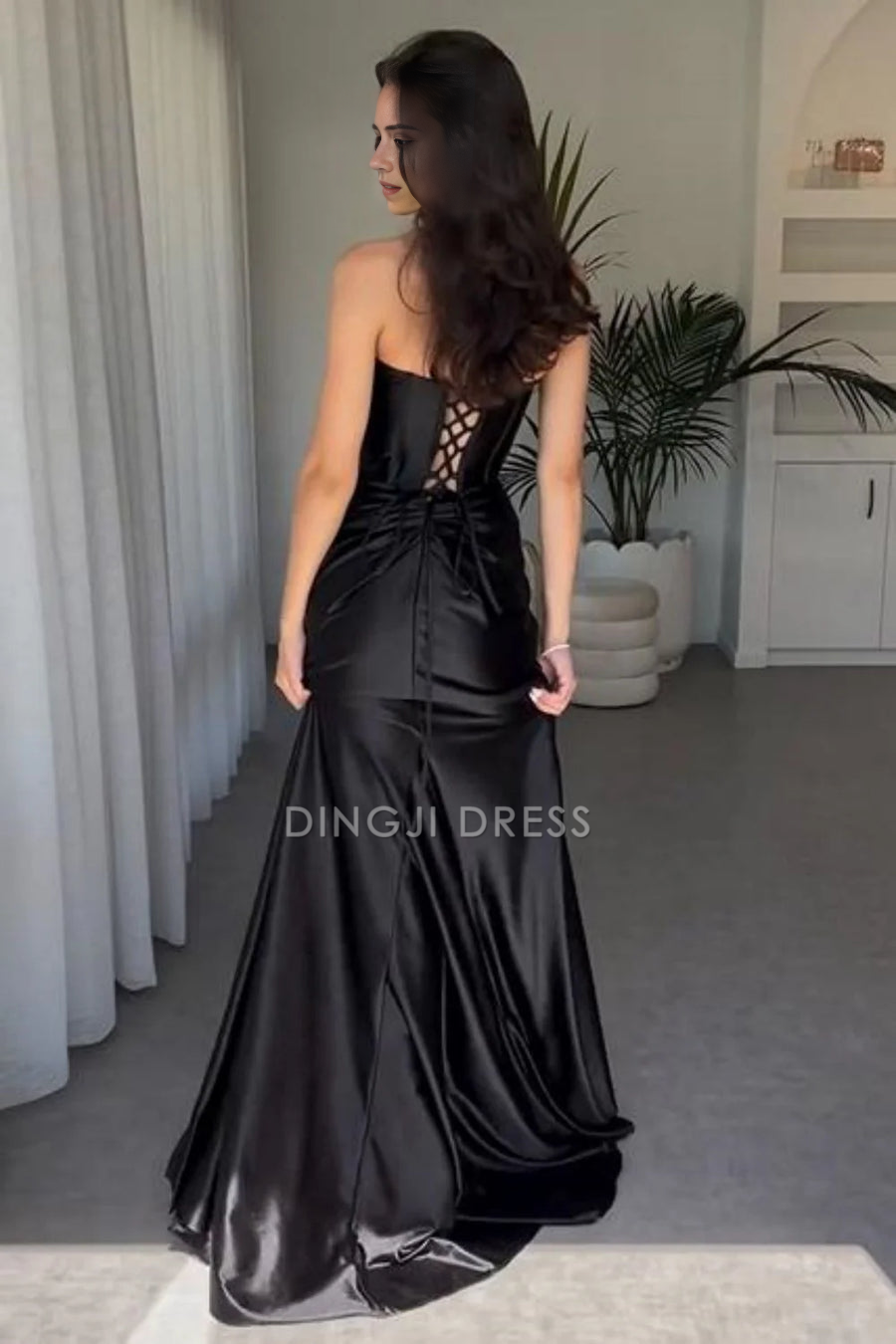 DingJiDress Formal Dress Chic Satin Mermaid Strapless Ruched Empire Side Fork Party Elegant Prom Dress