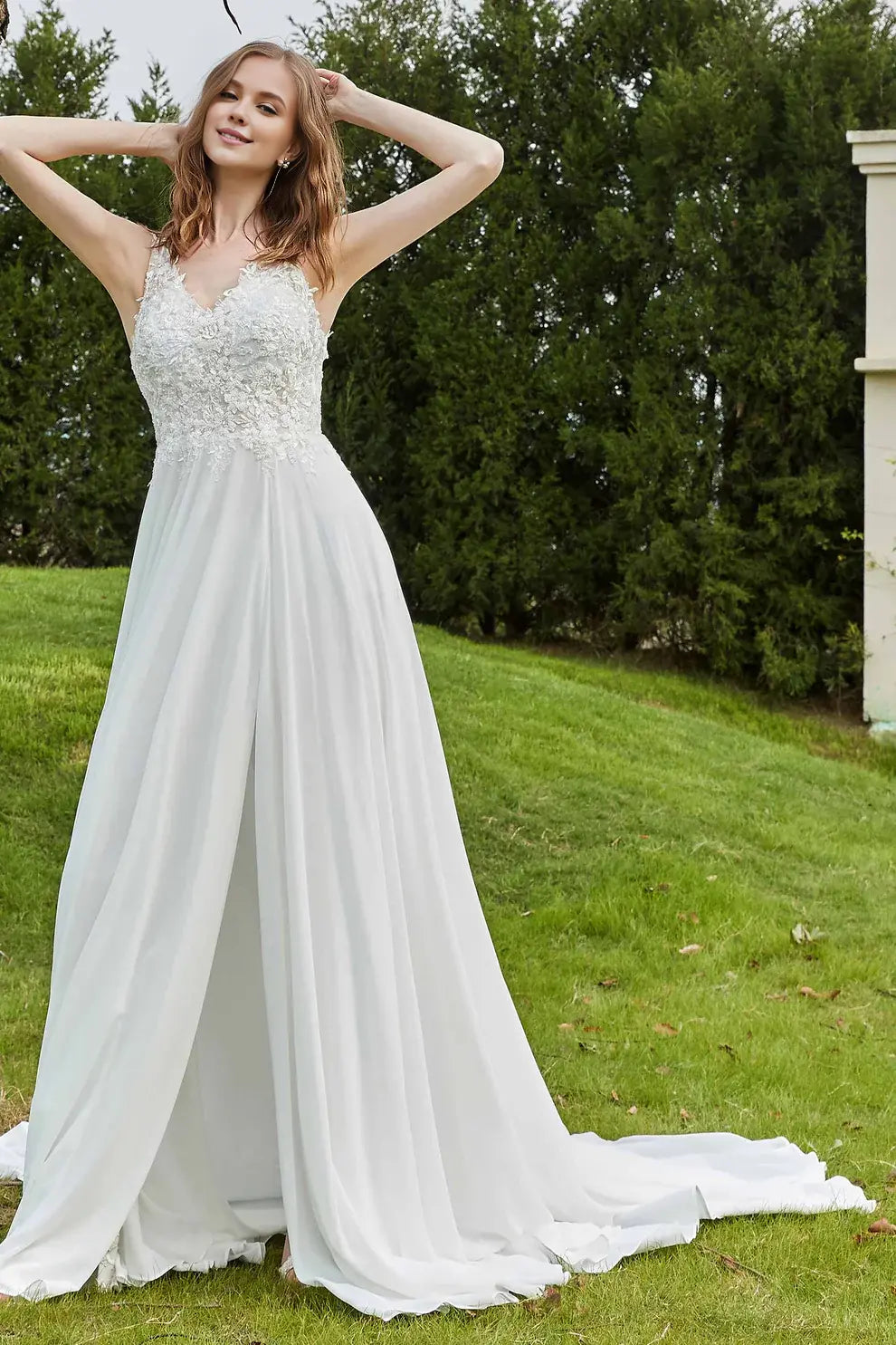 Chiffon Lace Elegant A-Line V-Neck Applique Sleeveless Backless With Slit Affordable Hot Sale Wedding Dress