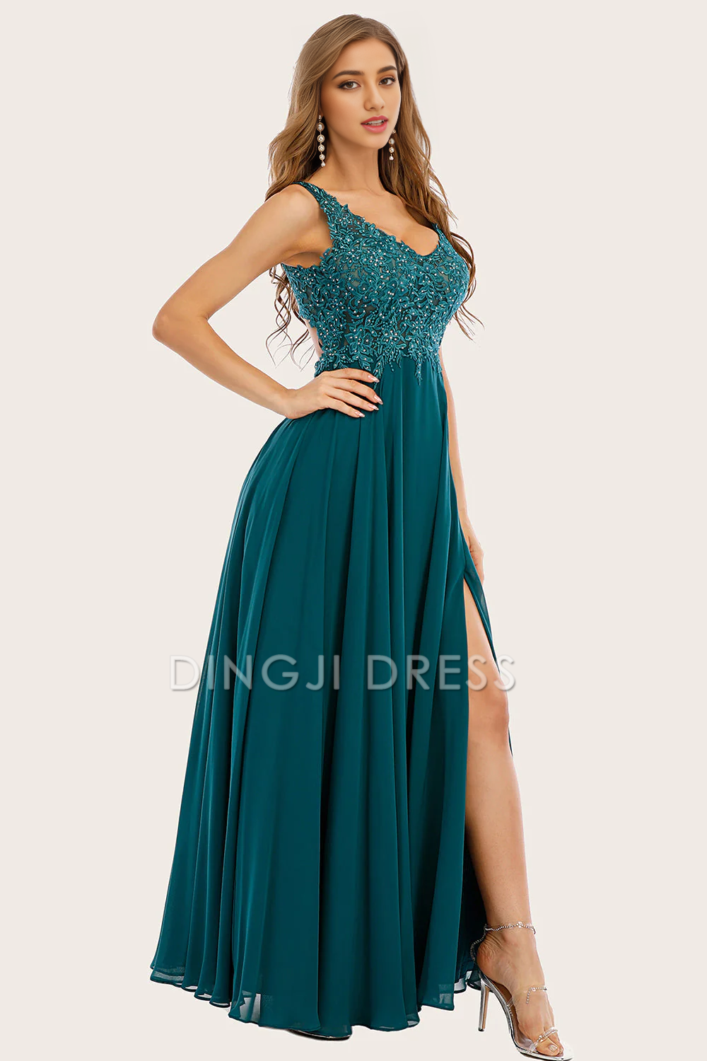 DingJiDress High Quality Dress Elegant Chiffon A Line V Neck Backless Side Fork Long Prom Dress