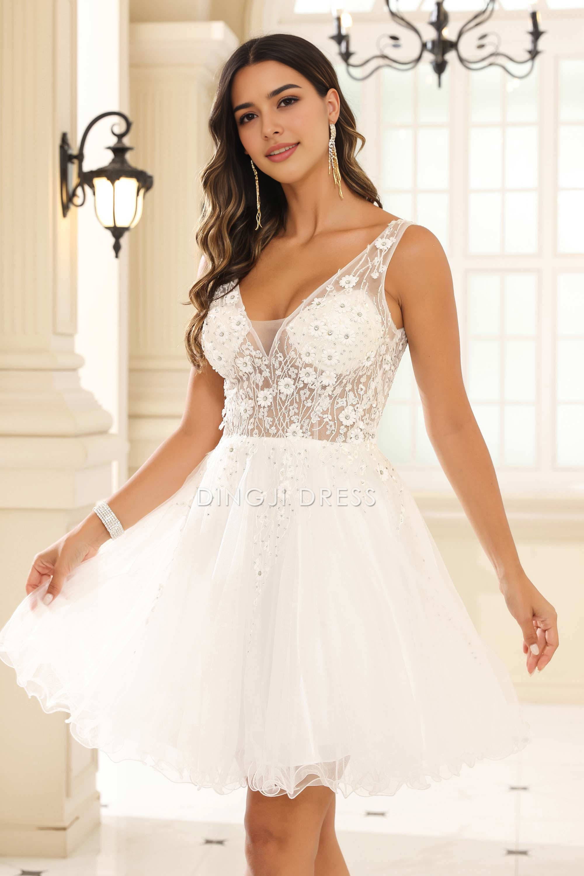 DingJiDress Hot Sale Homecoming Dress Exquisite A-Line V-Neck Sleeveless Applique Tulle Romantic Mini Dress
