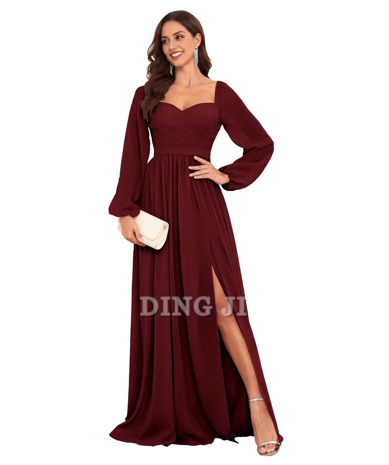 DingJiDress Bridesmaid Dresses Sweetheart Long Sleeve Pleated Side Fork Chiffon Elegant Long Formal Wear Dresses