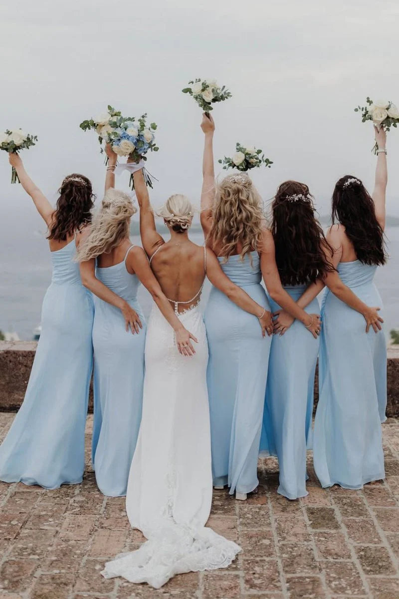 Elegant Light Blue Chiffon Sheath One Shoulder Sleeveless Pleated Slit Low Cost Floor Length Bridesmaid Dresses