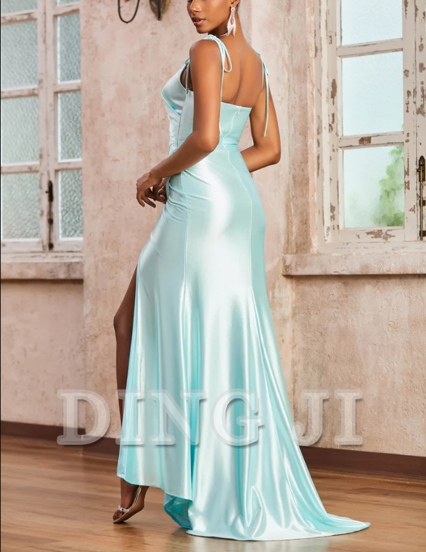 DingJiDress Evening Dress Spaghetti Straps Square Neck Ruched Dress Side Fork Sweep Train Elegant Simple Wedding Guest Dresses