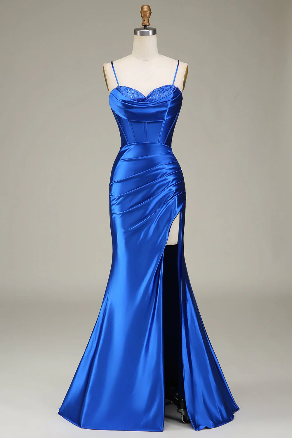 DingJiDress Royal Blue Mermaid Spaghetti Straps Long Prom Dress With Slit