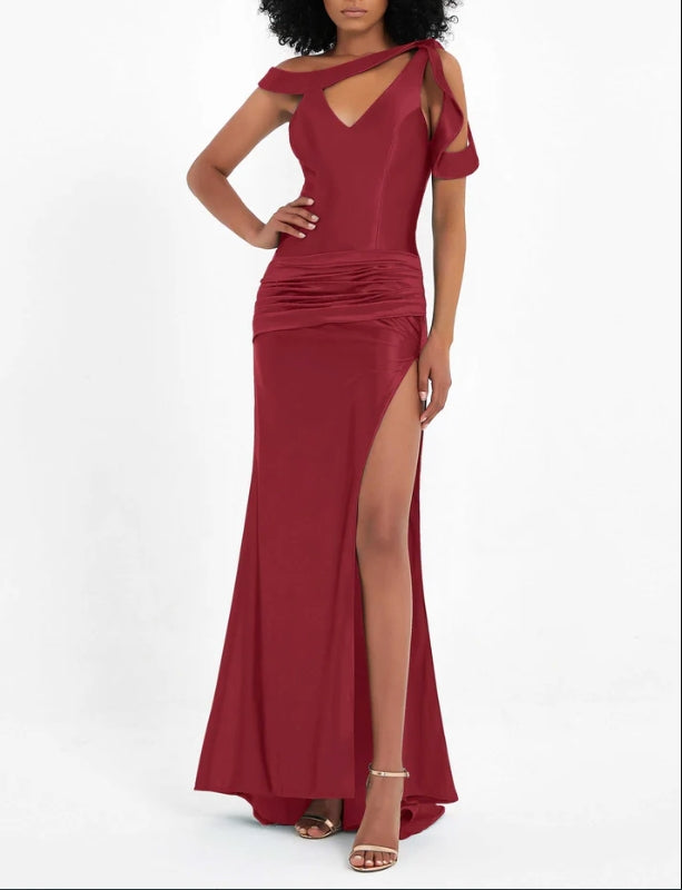 DingJiDress Evening Dress Charming Mermaid High Slit Pleated Satin Open Back Side Fork Long Sweep Train Unique Formal Dress