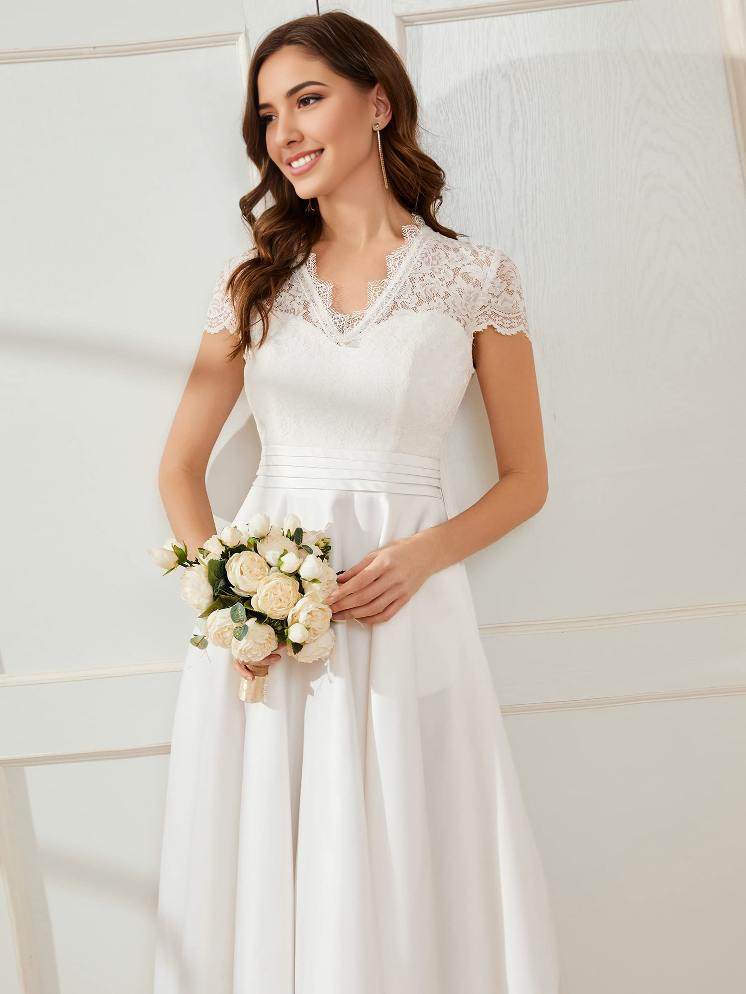 DingJiDress Wedding Dress A-line V-neck Lace See-through Pleated Simple Formal Women's Dresses