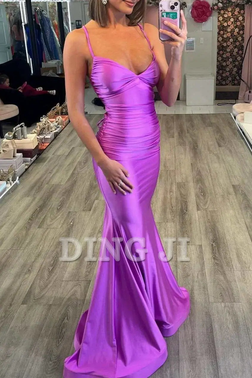 DingJiDress Evening Dress V-Neck Spaghetti Strap Mermaid Cultivate oneself Sexy Backless with Lace-Up Back Formal Women's Dresses Wedding Guest Dresses