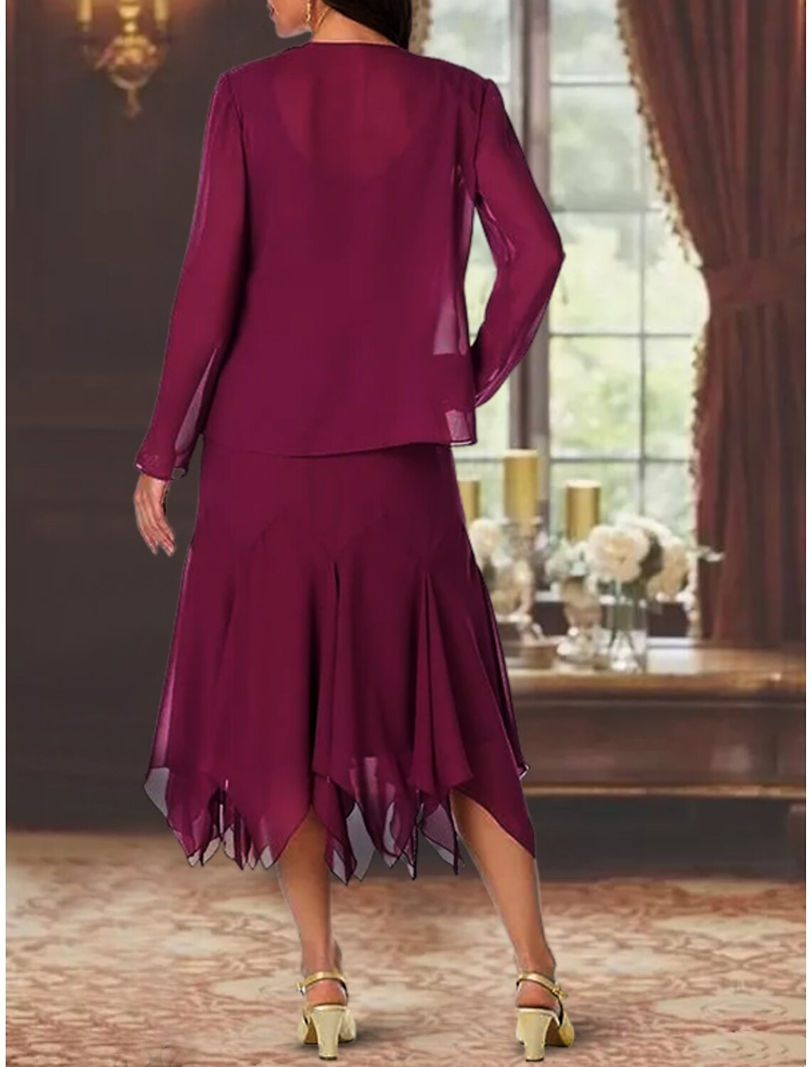 Two Piece A-Line Mother of the Bride Dress Formal Wedding Guest Elegant V Neck Asymmetrical Tea Length Chiffon Lace Sleeveless Wrap Included with Sequin Appliques