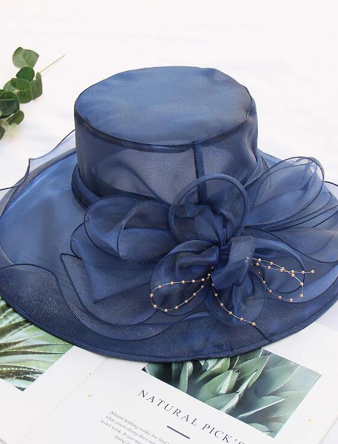 DingJiDress Straw Hat Vintage Style Elegant Tulle Hats Headwear with Faux Pearl Flower Ruffle 1 PC Wedding Party