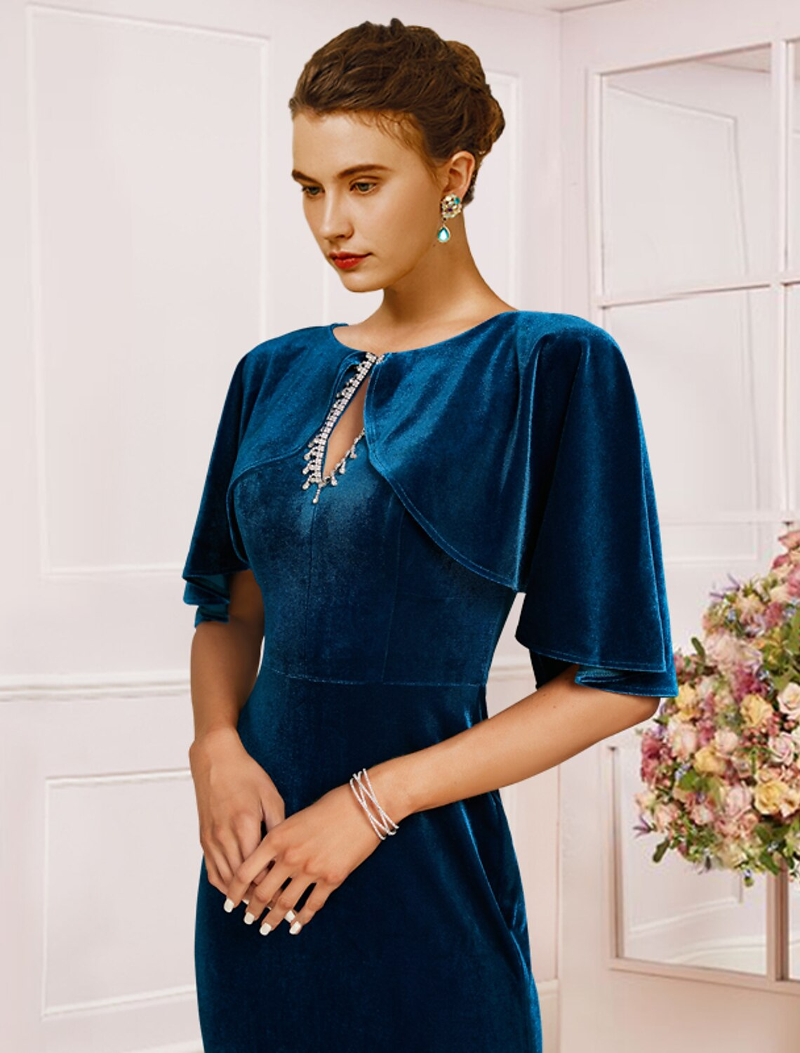 Mother of the Bride Dress Wedding Guest Vintage Elegant Scoop Neck Velvet Half Sleeve with Lace Pleats Beading