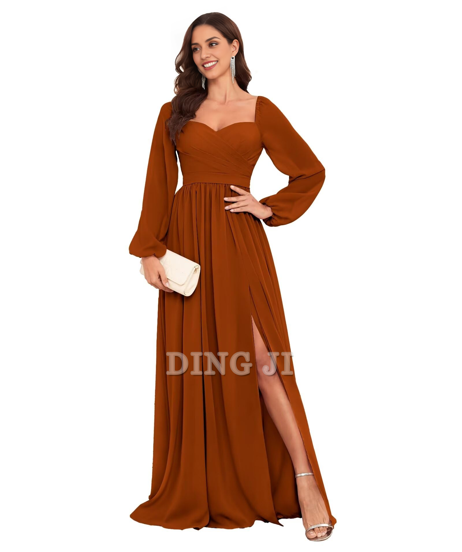 DingJiDress Bridesmaid Dresses Sweetheart Long Sleeve Pleated Side Fork Chiffon Elegant Long Formal Wear Dresses