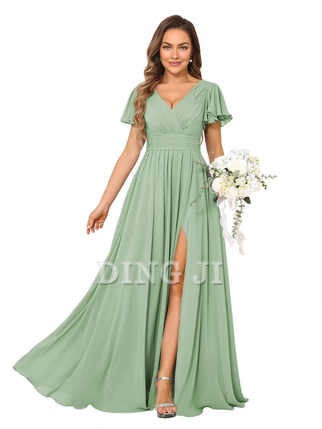 DingJiDress Bridesmaid Dresses A Line V Neck Flutter Sleeve Side Fork Youthful Elegant Chiffon Formal Wear Dresses