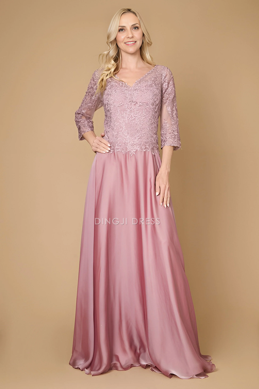 DingJiDress Evening Dress Fashion A Line Long Sleeve V Neck Lace Dress Exquisite Long Mother Of The Bride Dress
