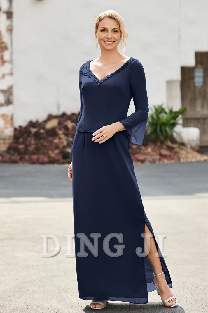 DingJiDress Mother of the Bride Dresses V-neck Long Sleeves Sheath Dress Side Fork High Quality Elegant Dresses Wedding Guests Dresses