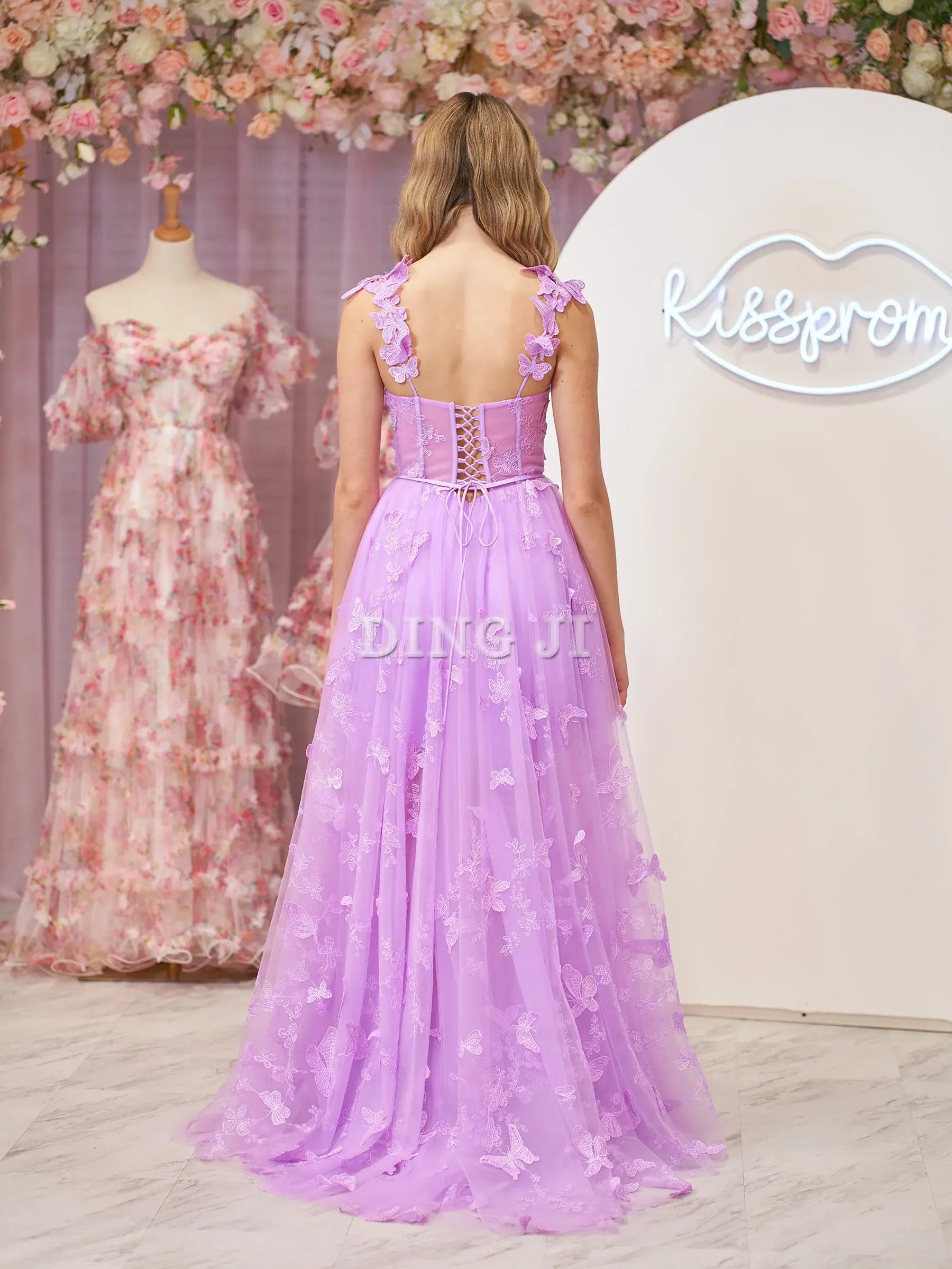 DingJiDress Elegant Fantastic Evening Dress A-line Butterfly Lace Lilac Corset Prom Dress Side Fork Romantic Formal Wear Dresses Wedding Guest Dresses