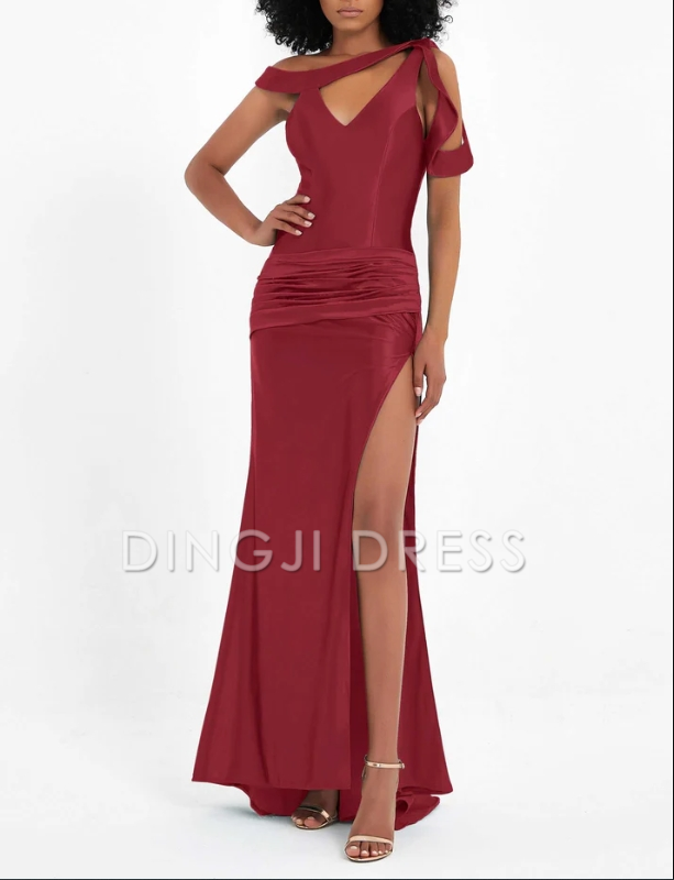 DingJiDress Evening Dress Charming Mermaid High Slit Pleated Satin Open Back Side Fork Long Sweep Train Unique Formal Dress
