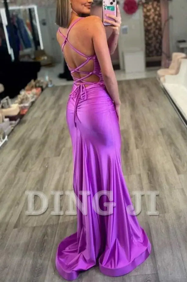 DingJiDress Evening Dress V-Neck Spaghetti Strap Mermaid Cultivate oneself Sexy Backless with Lace-Up Back Formal Women's Dresses Wedding Guest Dresses
