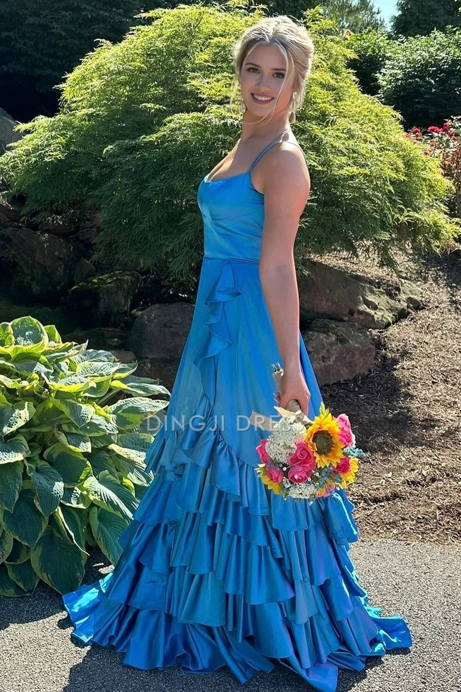 DingJiDress Formal Dress Exquisite A Line Spaghetti Straps Ruched Tiered Backless Side Fork Satin Party Fashion Prom Dress