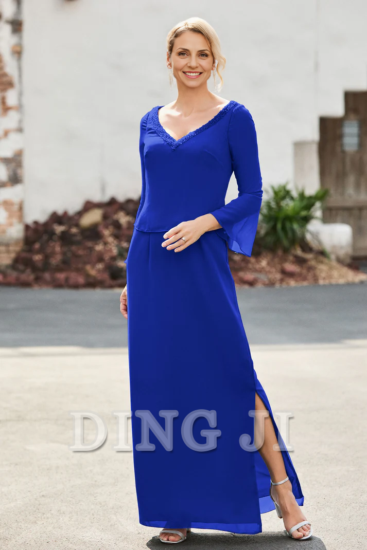 DingJiDress Mother of the Bride Dresses V-neck Long Sleeves Sheath Dress Side Fork High Quality Elegant Dresses Wedding Guests Dresses