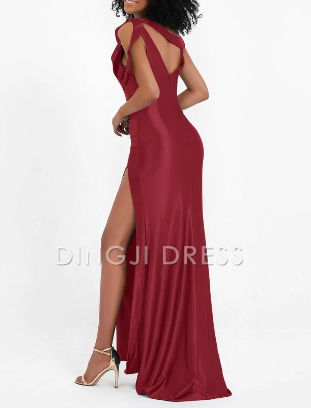 DingJiDress Evening Dress Charming Mermaid High Slit Pleated Satin Open Back Side Fork Long Sweep Train Unique Formal Dress