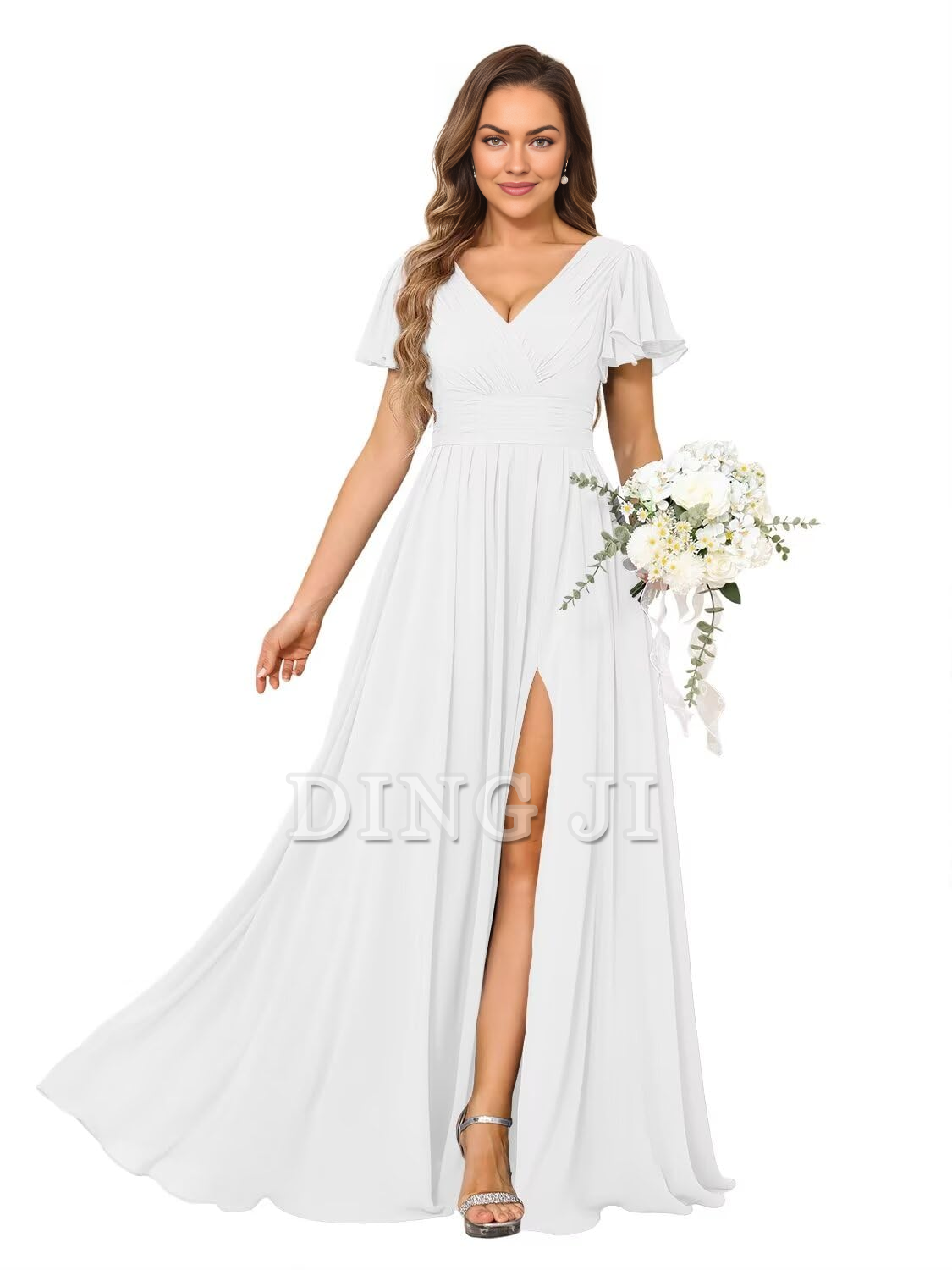 DingJiDress Bridesmaid Dresses A Line V Neck Flutter Sleeve Side Fork Youthful Elegant Chiffon Formal Wear Dresses