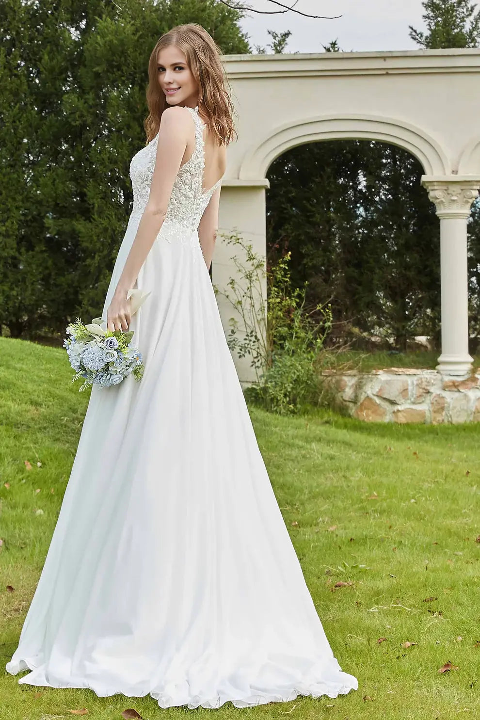 Chiffon Lace Elegant A-Line V-Neck Applique Sleeveless Backless With Slit Affordable Hot Sale Wedding Dress