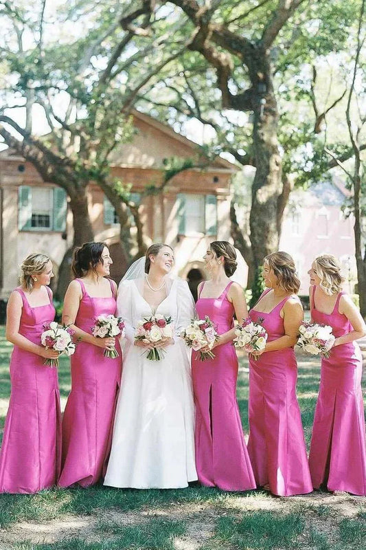 Modern Fuchsia Satin Sheath Square Neck Sleeveless Back Bow With Side Fork Low Cost Floor Length Bridesmaid Dresses