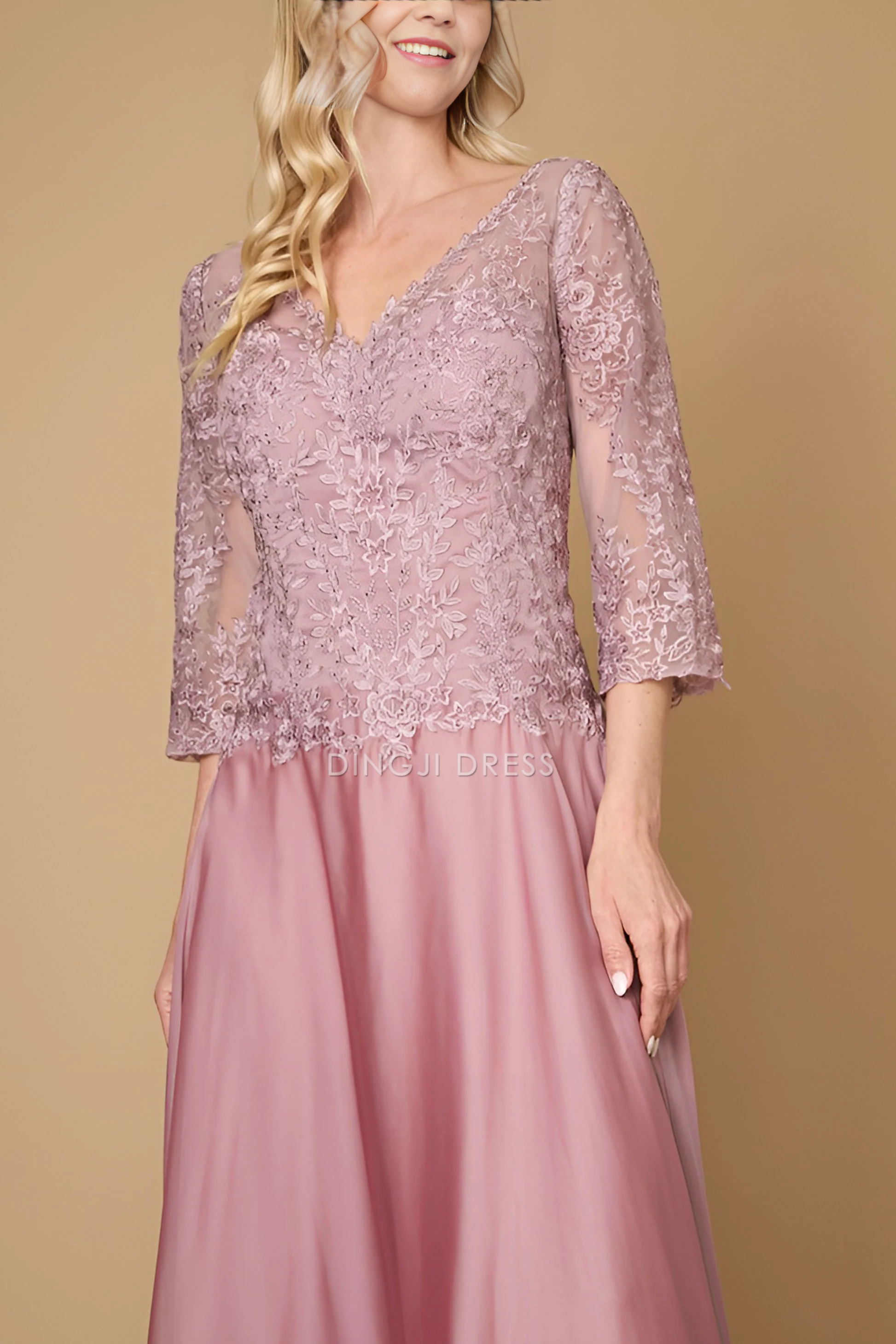 DingJiDress Evening Dress Fashion A Line Long Sleeve V Neck Lace Dress Exquisite Long Mother Of The Bride Dress