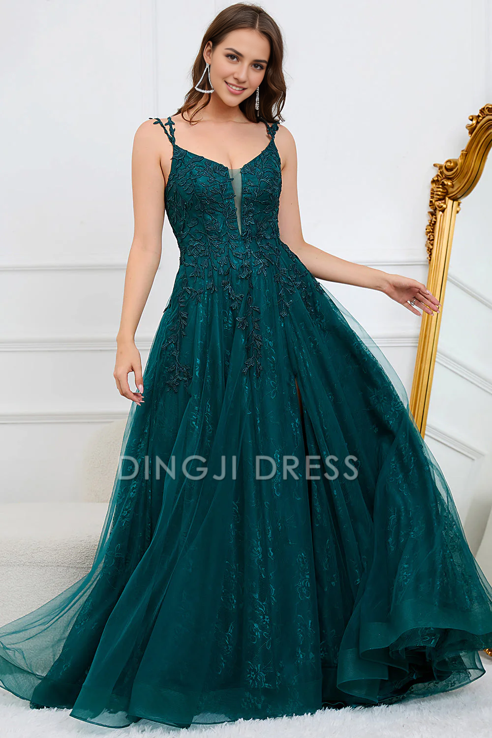 DingJiDress High Quality Dress Evening Dress Elegant A Line Spaghetti Straps Lace Appliques Side Fork Long Prom Dress