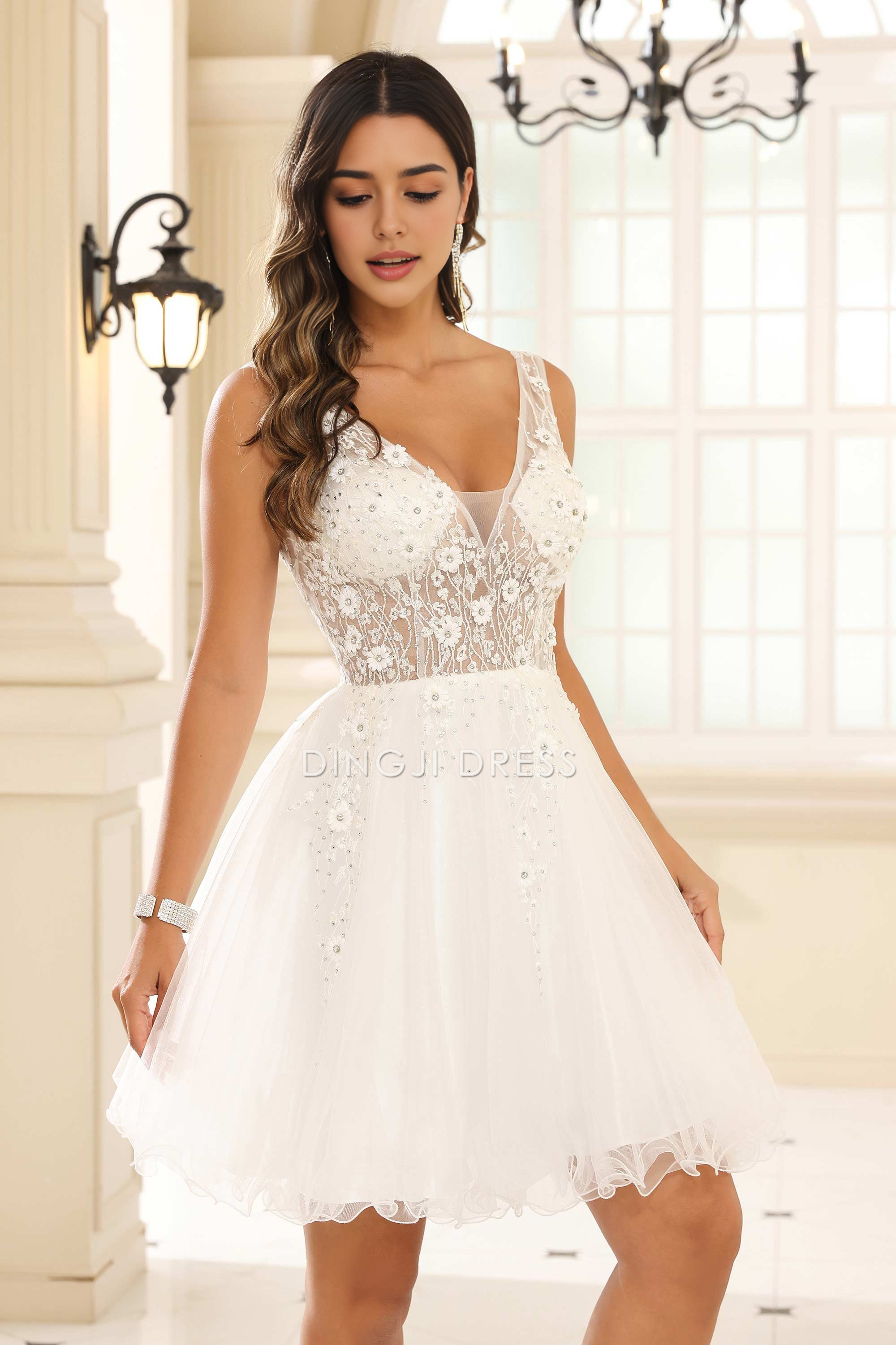 DingJiDress Hot Sale Homecoming Dress Exquisite A-Line V-Neck Sleeveless Applique Tulle Romantic Mini Dress